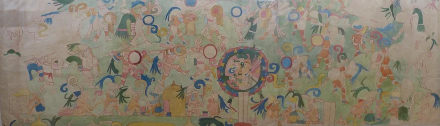 Partie de la fresque sur le côté sud-ouest du Temple des Jaguars à Chichen Itza. D